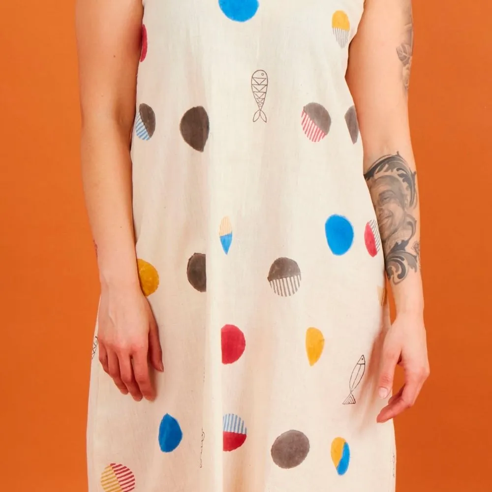 India Beige Fish & Dot Print Cotton Khadi Dress