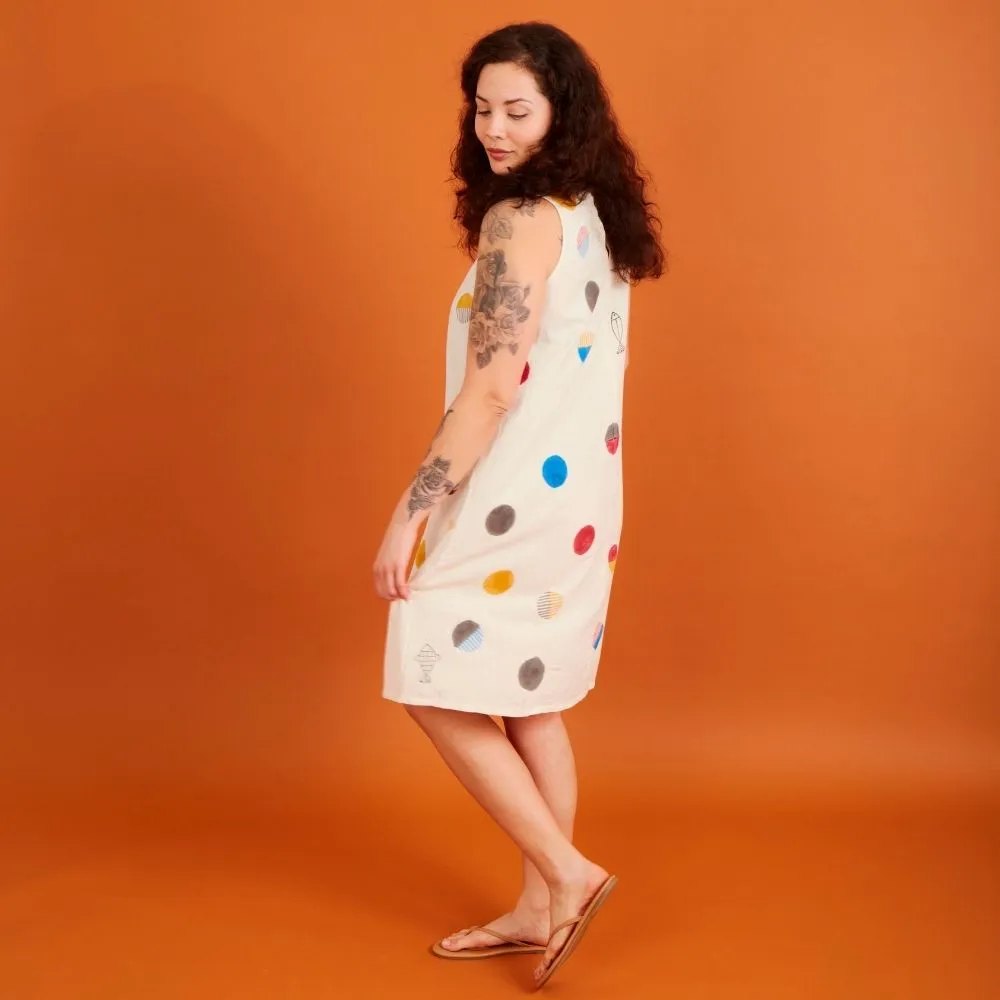 India Beige Fish & Dot Print Cotton Khadi Dress