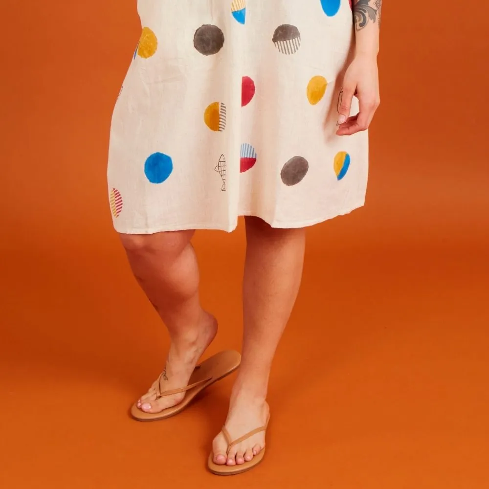 India Beige Fish & Dot Print Cotton Khadi Dress