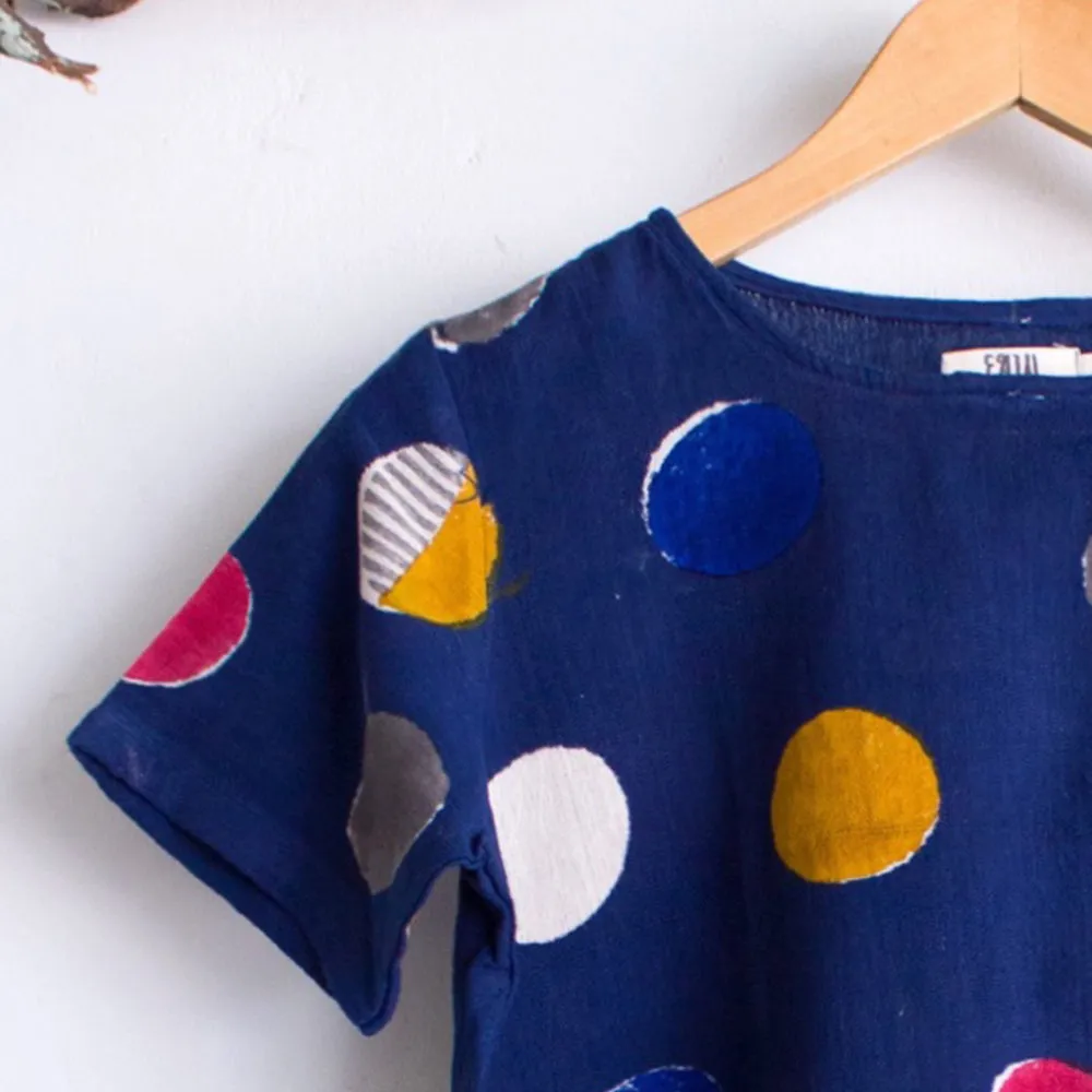 India Blue Fish & Dot Print Cotton Khadi Crop Top