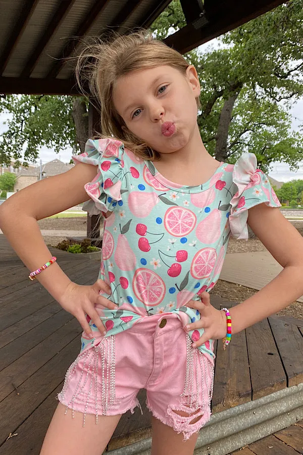Wholesale Fruits printed girls blouse w/ruffle sleeves DLH2390