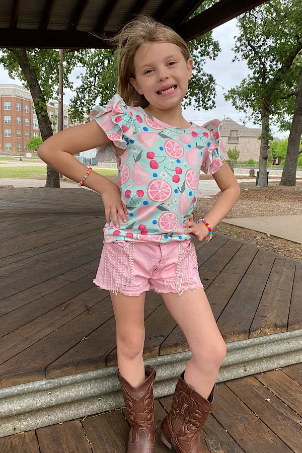Wholesale Fruits printed girls blouse w/ruffle sleeves DLH2390